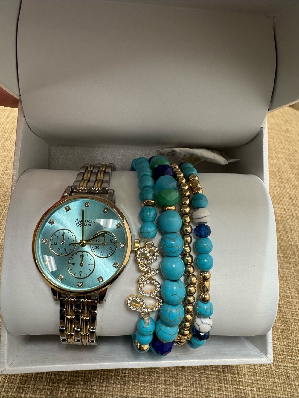 American Exchange Women’s Quartz Analog Two-Tone Blue Dial Bracelet Watch Box